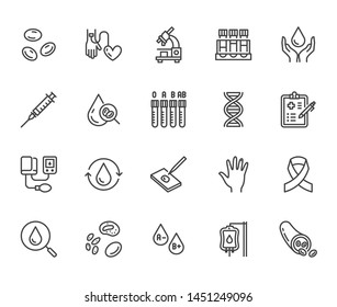 Hematology flat line icons set. Blood cell, vessel, sphygmomanometer, dna test, biochemical microscope vector illustrations. Outline signs for donor day. Editable Strokes. Hematology flat line icons set. Blood cell, vessel, sphygmomanometer, dna test, biochemical microscope vector illustrations. Outline signs for donor day. Editable Strokes.