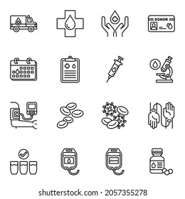 Iconos de línea plana de hematología 2. Signos de esquema para el Día Mundial de los Donantes de Sangre. Estroques editables.
