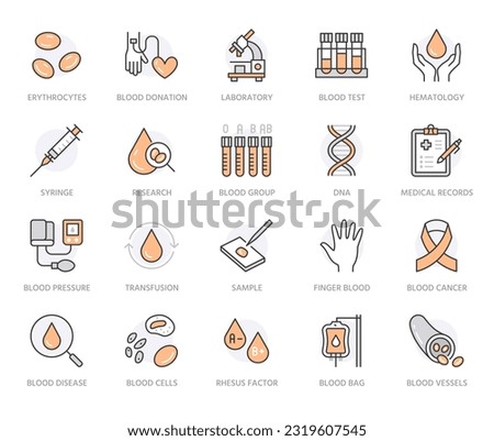 Hematology flat line icons set. Blood cell, vessel, sphygmomanometer, dna test, biochemical microscope vector illustrations. Outline signs for donor day. Orange Color. Editable Stroke
