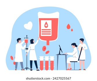 Hematólogos e investigación. Médicos y enfermeras, científicos y asistentes en uniforme blanco de laboratorio. Sanidad y medicina, concepto de vector plano