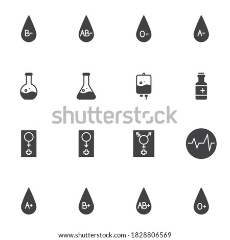 Hematology vector icons set, modern solid symbol collection, filled style pictogram pack. Signs logo illustration. Set includes icons as human blood group, transfusion bag, laboratory test, cardiogram