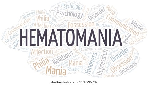 Hematomania word cloud. Type of mania, made with text only.