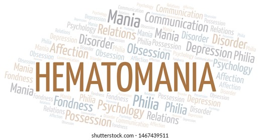 Hematomania word cloud. Type of mania, made with text only.