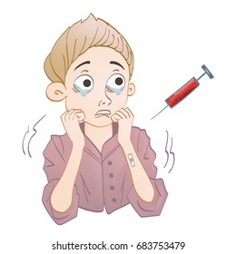 Hematophobia, abnormal and persistent fear of blood. Scared boy and syringe with blood. Vector illustration, isolated on white background.
