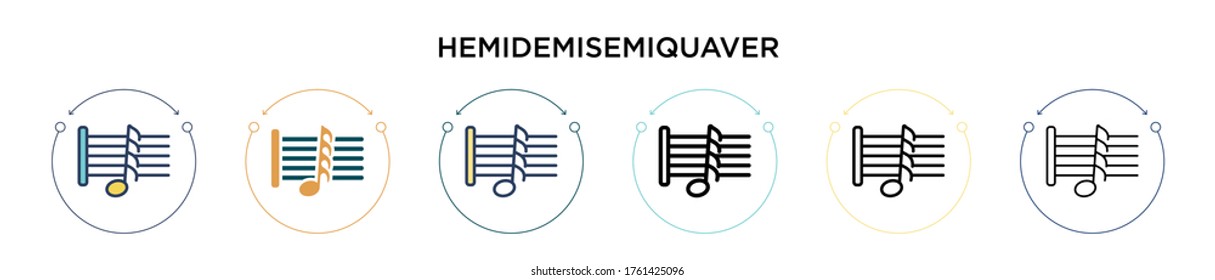 Hemidemisemiquaver icon in filled, thin line, outline and stroke style. Vector illustration of two colored and black hemidemisemiquaver vector icons designs can be used for mobile, ui, web