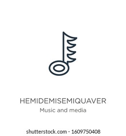 Hemidemisemiquaver icon. Thin linear hemidemisemiquaver outline icon isolated on white background from music and media collection. Line vector sign, symbol for web and mobile