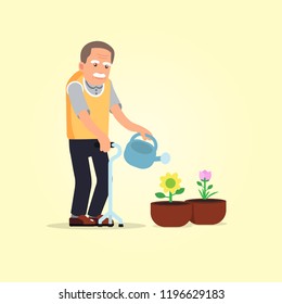 Hemiplegia elderly people watering his flowers. Active aging in activity like exercise and doing something that meaningful of life is the way for prevention of dementia or Alzheimer disease.