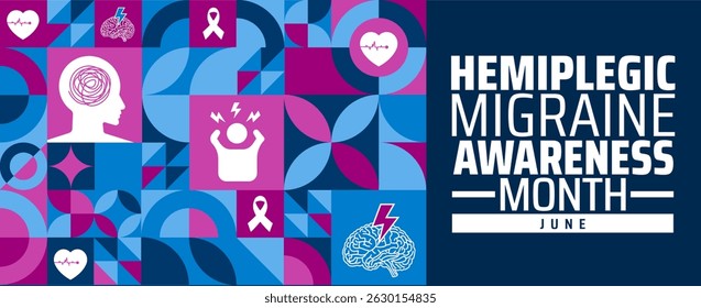 Hemiplegic Migraine Awareness Month Geometric shape pattern background banner or poster design template. observed every year in June. Holiday concept. Use to any Template, card, poster, placard.
