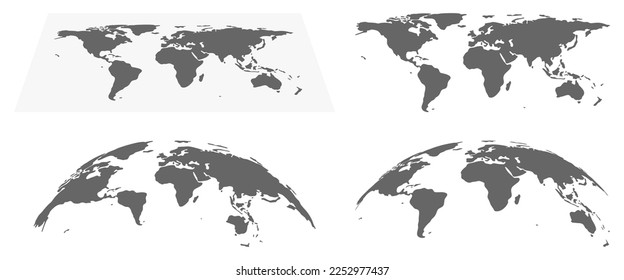 Hemisphären und Erdkarten, weltweite Geschäfts- oder Infografiken zur Präsentation. Kontinente in einfarbiger schwarz-weißer Lösung. Vektorgrafik im Flachstil