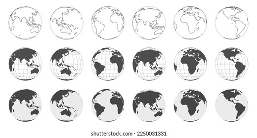 Hemisphären und Globen mit Weltkarten, die Länder und Kontinente zeigen. Erde mit unterschiedlichen Seiten, Geografie und Kartographie-Ikone. Vektorgrafik im Flachstil