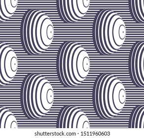 Hemispheres lined optical illusion seamless pattern, vector repeat tiling op art background, psychedelic 3D spheres and lines, wallpaper or print textile template.