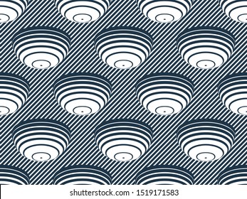 Hemispheres lined optical illusion seamless pattern, vector repeat tiling op art background, psychedelic 3D spheres and lines, wallpaper or print textile template.