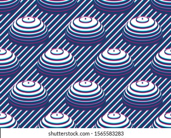 Hemispheres lined optical illusion seamless pattern, vector repeat tiling op art background, psychedelic 3D spheres and lines, wallpaper or print textile template.