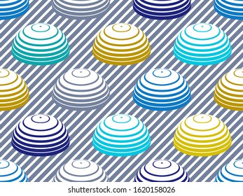 Hemispheres lined optical illusion seamless pattern, vector repeat tiling op art background, psychedelic 3D spheres and lines, wallpaper or print textile template.