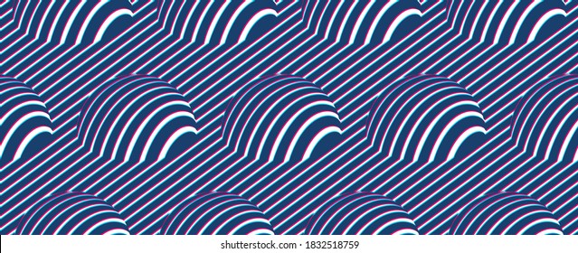 Hemispheres lined optical illusion seamless pattern, vector repeat tiling op art background, psychedelic 3D spheres and lines, wallpaper or print textile template.