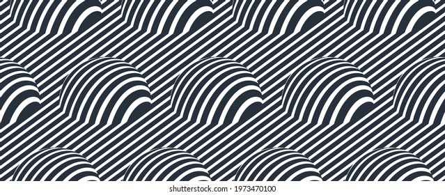 Hemispheres lined optical illusion seamless pattern, vector repeat tiling op art background, psychedelic 3D spheres and lines, wallpaper or print textile template.