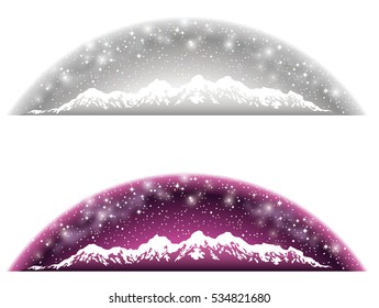 Hemispherical backgrounds in gray and purple with snowy mountains and starry sky.