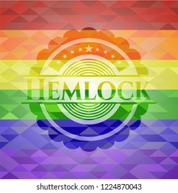 Hemlock emblem on mosaic background with the colors of the LGBT flag