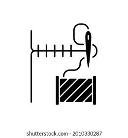 Hemming And Seam Repair Black Linear Icon. Needle Stitching Clothes. Thread With Spool. Clothing Alteration And Repair Services. Outline Symbol On White Space. Vector Isolated Illustration