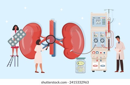 Hämodialyse-Konzept. Ärzte, die eine medizinische Untersuchung der Nieren durchführen. Behandlung von Nierenerkrankungen durch Fachkräfte. Prävention. Nephrologie, Urologie 
 Metapher. Vektorgrafik