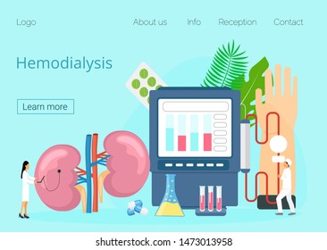 Hemodialysis concept vector. Method of extrarenal blood purification in acute and chronic renal failure. Tiny doctors treat, test kidneys. Blue template for website, landing page.