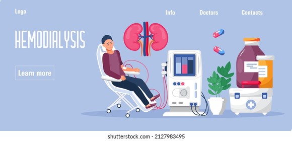 Hemodialysis concept vector. Method of extrarenal blood purification in acute and chronic renal failure. Nephrologist treats, test kidneys. Blue template for website, landing page.