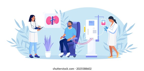 Hemodialysis Equipment For Treatment Renal Diseases Failure. Cleansing And Transfusion Of Blood Through A Dialysis Machine. Doctor Conducting Hemodialysis. Patient Getting A Kidney Disease Treatment