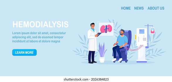 Hemodialysis equipment for treatment renal diseases failure. Cleansing and transfusion of blood through a dialysis machine. Doctor conducting hemodialysis. Patient getting a kidney disease treatment