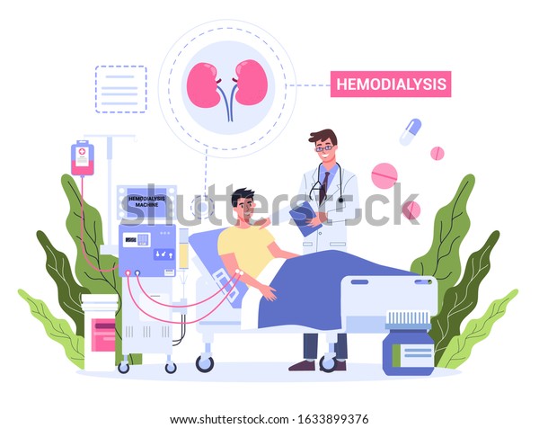 Hemodialysis for kidney\
treatment. Man get a kidney disease treatment. Patient in hospital\
with doctor having a internal injection. Vector illustration in\
cartoon style
