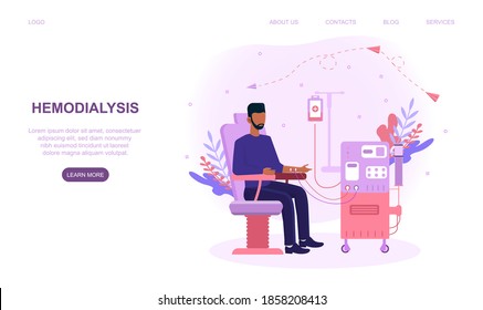 Hemodialysis for kidney treatment. Man sitting in a chair and getting a kidney disease treatment. Patient having a internal injection. Website web page, landing page template. Flat vector illistration