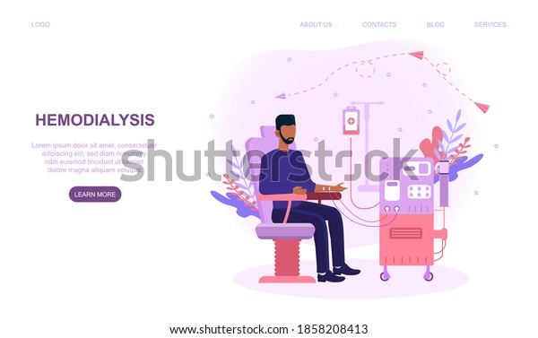 Hemodialysis for kidney treatment. Man\
sitting in a chair and getting a kidney disease treatment. Patient\
having a internal injection. Website web page, landing page\
template. Flat vector\
illistration