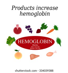 Hemoglobin. Food increases hemoglobin in the blood. Vector illustration on isolated background.