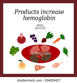 Hemoglobin. Food increases hemoglobin in the blood. Vector illustration on isolated background.