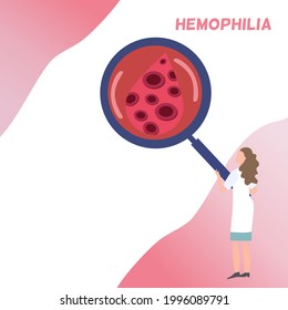 Hemophilia Concept, Nonstop Bleeding, Genetic Disease, A Lady Doctor Holding Signifying Glass Zoom Blood Drop And Hemoglobin