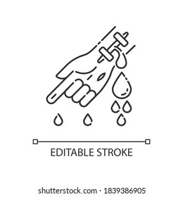 Hemophilia linear icon. Damaged hand with flow of blood. Bleeding arm with cut vein. Thin line customizable illustration. Contour symbol. Vector isolated outline drawing. Editable stroke