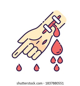 Hemophilia RGB color icon. Damaged hand with flow of blood. First aid for emergency. Bleeding arm with cut vein. Medical problem. Health care. Donor in hospital. Isolated vector illustration