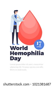 Hemophilia World Day Poster. Doctor In White Coat Holding Red Drop Of Blood. Vector Flat Illustration.