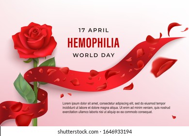 Hemophilia World Day vector background. Hemophilia awareness poster. Photorealistic red ribbon, rose, flying petals on a light  background.  Blood donor day concept. Vector illustration.