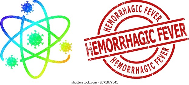 HEMORRHAGIC FEVER corroded seal and lowpoly rainbow colored atom viruses icon with gradient. Red stamp contains Hemorrhagic Fever title inside circle and lines template.