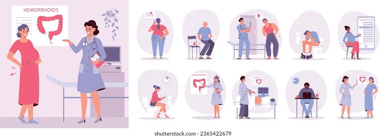 Hemorrhoid disease flat composition set with human characters of patients and doctors isolated vector illustration