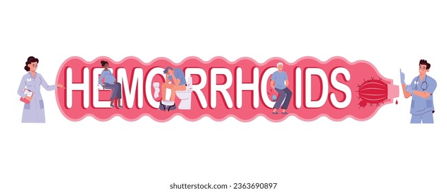 Enfermedad hemorroidea texto plano con letras sobre médicos de fondo rojo y pacientes con síntomas dolorosos ilustración vectorial