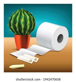 Hemorrhoidal Suppositories Banner Vector. Hemorrhoid Treatment Suppositories, Cactus Domestic Plant And Toilet Paper Hygiene Accessory. Hemorrhoid Problem Mockup Realistic 3d Illustration