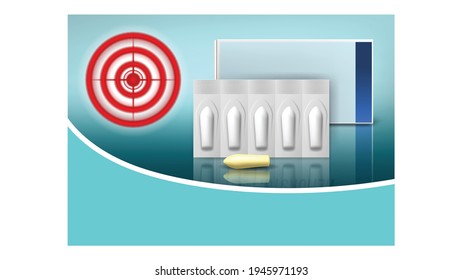 Hemorrhoidal Suppositories Promo Banner Vector. Medical Suppositories Pill, Blister Strip And Package. Hemorstop Medicaments And Aim Target Circle Pain Localization Template Realistic 3d Illustration