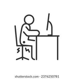 Las hemorroides se molestan cuando trabajan, icono lineal, la persona experimenta dolor mientras se sienta en una silla. Línea con trazo editable
