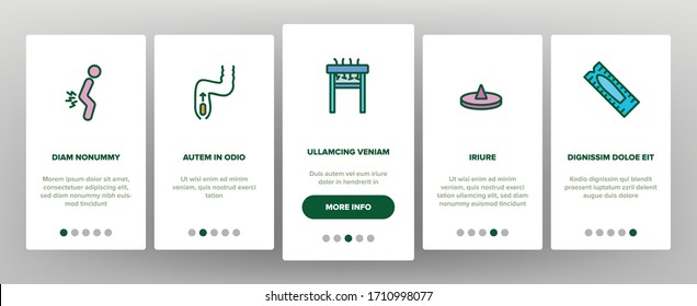 Hemorrhoids Disease Onboarding Icons Set Vector. Hemorrhoids Ache And Pain, Inflammation And Treatment Pills, Paper Roll And Cream Illustrations