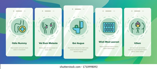 Hemorrhoids Disease Onboarding Icons Set Vector. Hemorrhoids Ache And Pain, Inflammation And Treatment Pills, Paper Roll And Cream Illustrations