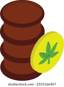 Hemp biodiesel isometric concept, Hemp ethanol methanol barrel vector icon design, Cannabis and marijuana symbol, thca and cbda sign, recreational herbal drug stock illustration