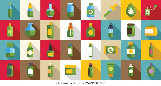  Hemp cannabinoid extract icons set. Colorful flat design icons of cannabis infused health, beauty, and wellness products highlight the growing cbd industry