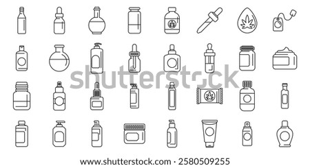 Hemp cannabinoid extract icons set. Line art vector icons showing various bottles, jars, tubes and dispensers for cbd products