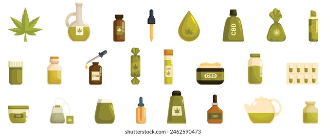 Hemp cannabinoid extract vector. A collection of various green items, including bottles, cups, and bags, with the word "cannabis" written on some of them